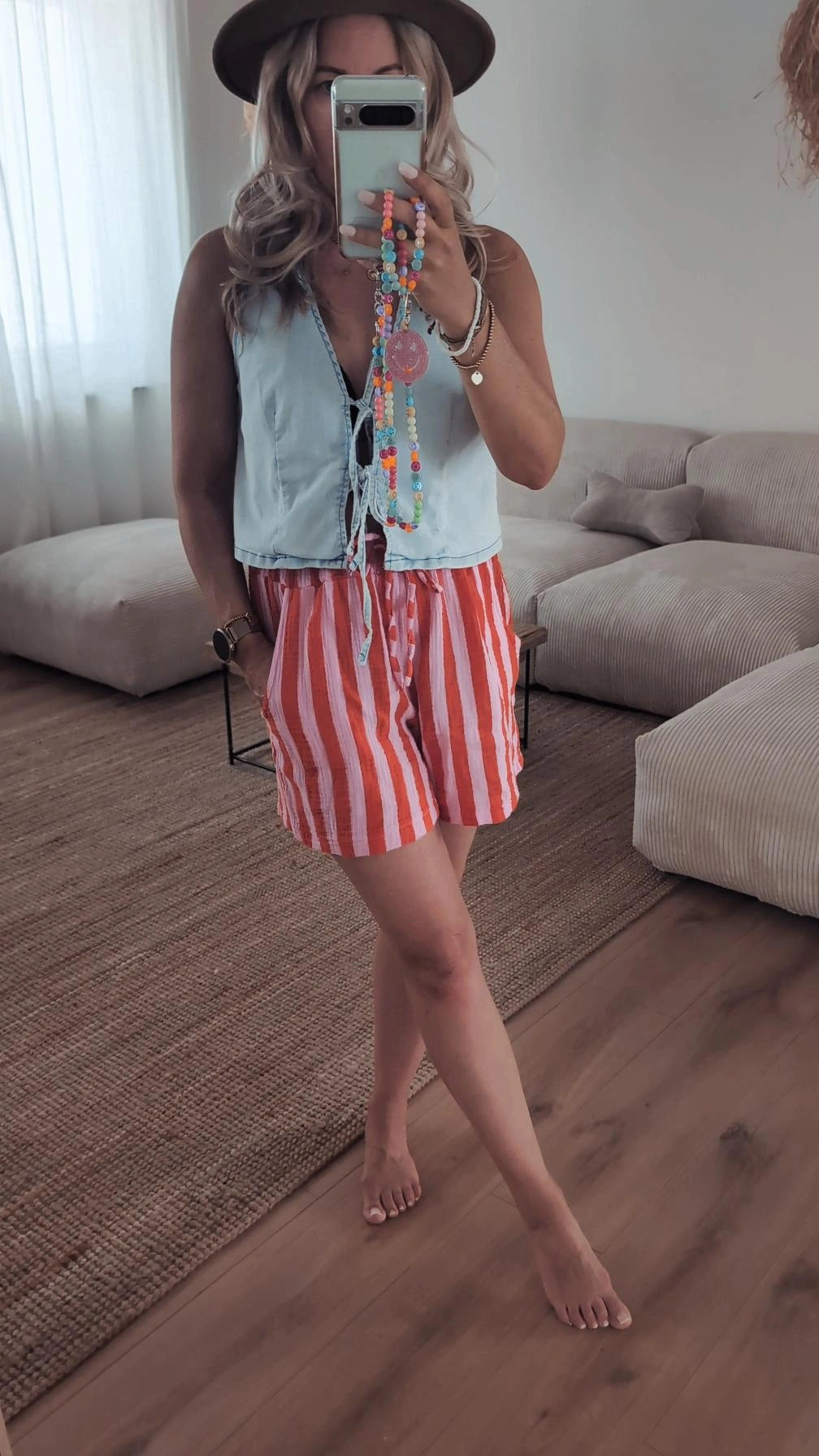 kurze Musselin Hose orange rosa